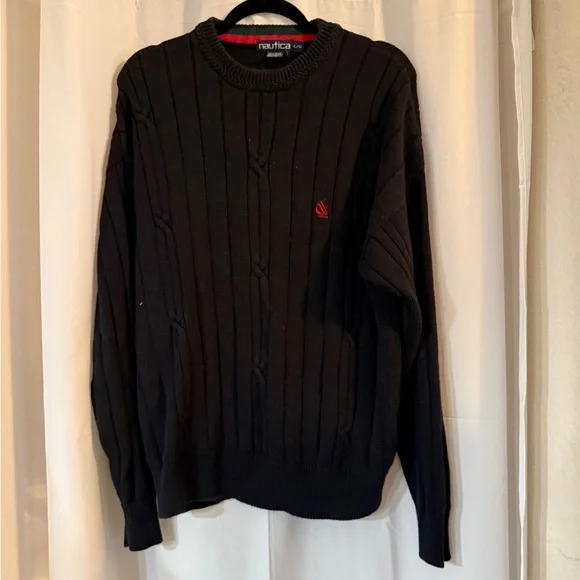 Vintage Nautica Cable Knit Sweater L Black 100% Cotton 90s Logo Crewneck - Picture 3 of 13